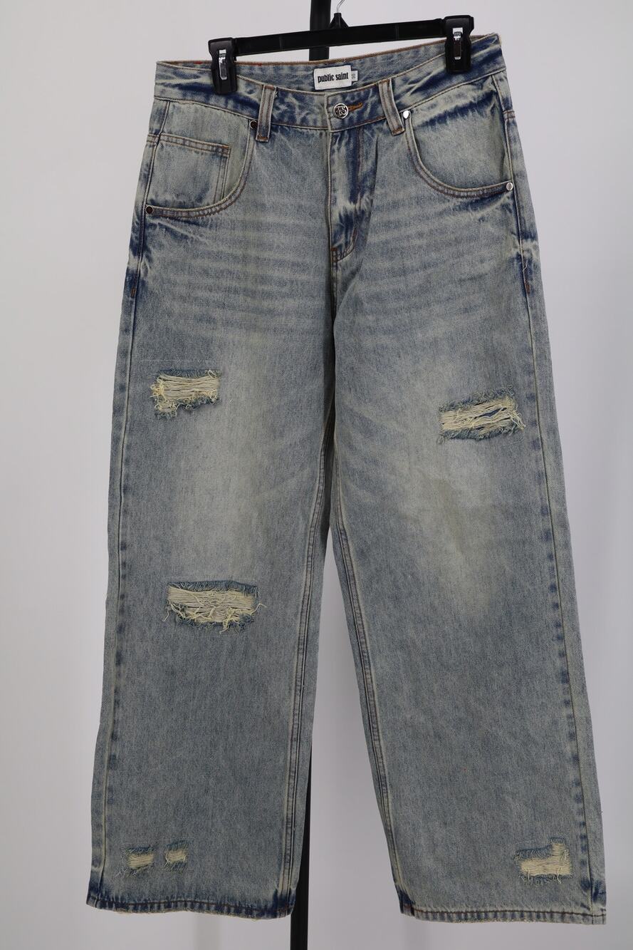 Public Saint Wide Leg Jeans Women's Blue Distressed Baggy High Rise Size 30